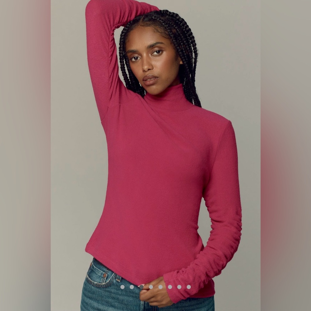 By Anthropologie Ruched-Sleeve Turtleneck Top in Raspberry size Small - Picture 4 of 9